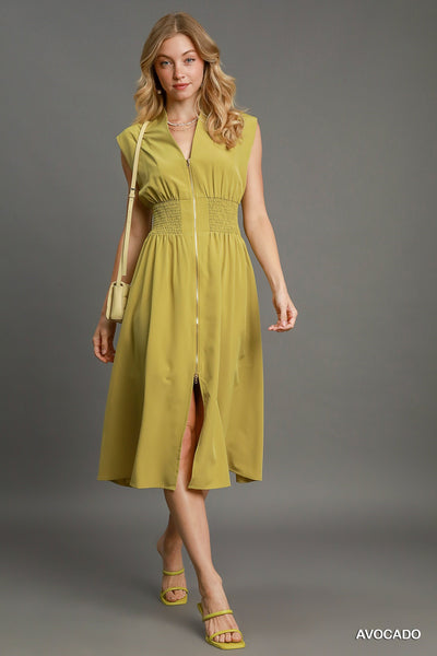 own the room smocked waist zipper dress | avocado