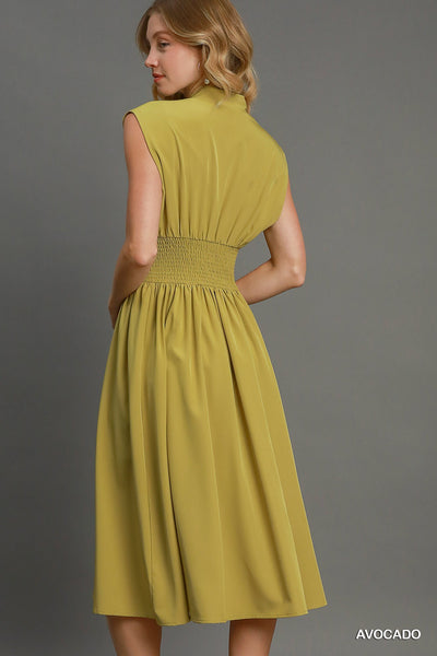 own the room smocked waist zipper dress | avocado