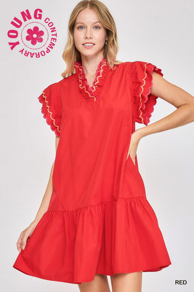 cue the charm ruffled scallop sleeve dress | red