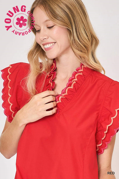 cue the charm ruffled scallop sleeve dress | red