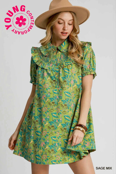 everything in bloom smocked babydoll mini dress | sage
