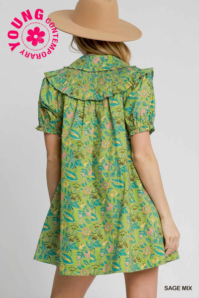 everything in bloom smocked babydoll mini dress | sage