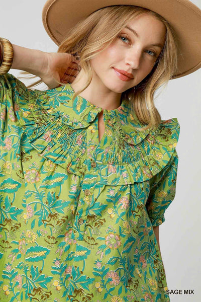 everything in bloom smocked babydoll mini dress | sage
