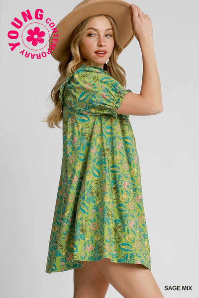 everything in bloom smocked babydoll mini dress | sage