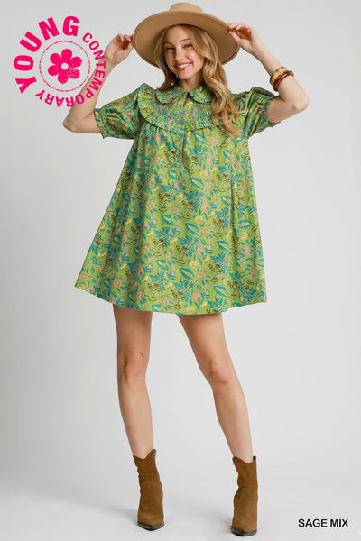 everything in bloom smocked babydoll mini dress | sage