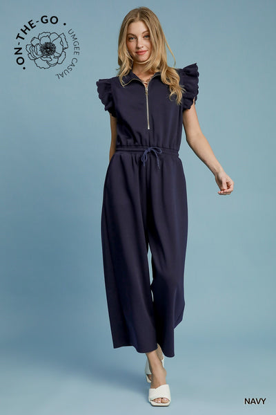 street style zip up ruffle jumpsuit | navy