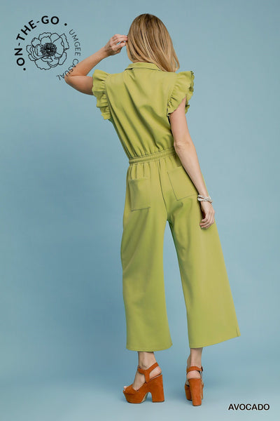 street style zip up ruffle jumpsuit | avocado