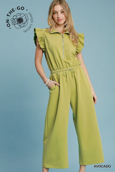 street style zip up ruffle jumpsuit | avocado