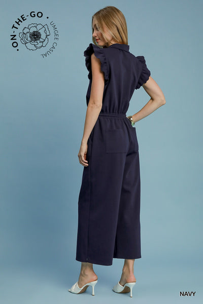 street style zip up ruffle jumpsuit | navy