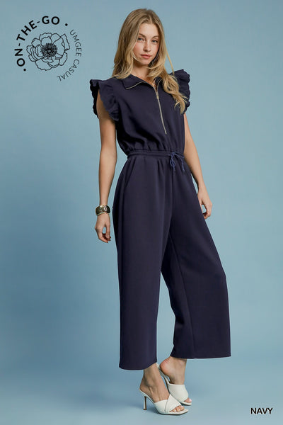 street style zip up ruffle jumpsuit | navy