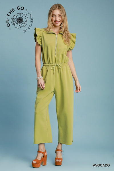 street style zip up ruffle jumpsuit | avocado
