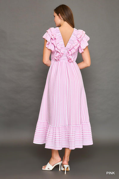 honestly love you striped ruffle midi dress | pink
