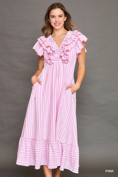 honestly love you striped ruffle midi dress | pink