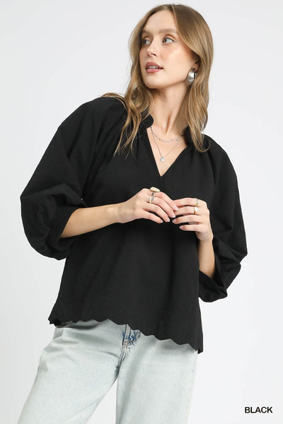 embracing more textured balloon sleeve top | black