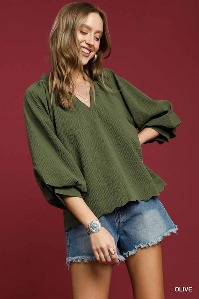 embracing more textured balloon sleeve top | olive