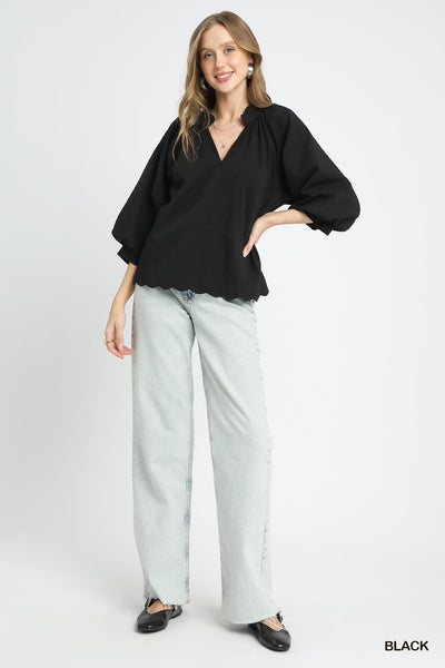 embracing more textured balloon sleeve top | black