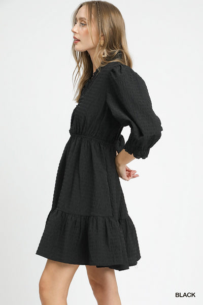 just enough ruffle trim textured babydoll dress | black