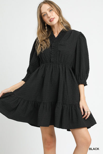 just enough ruffle trim textured babydoll dress | black