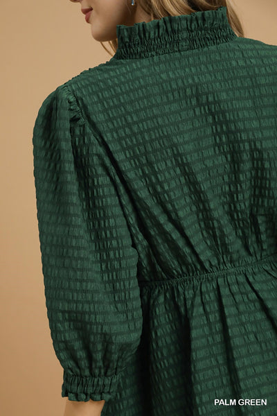just enough ruffle trim textured babydoll dress | palm green