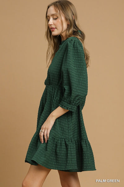 just enough ruffle trim textured babydoll dress | palm green