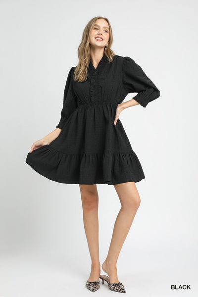 just enough ruffle trim textured babydoll dress | black