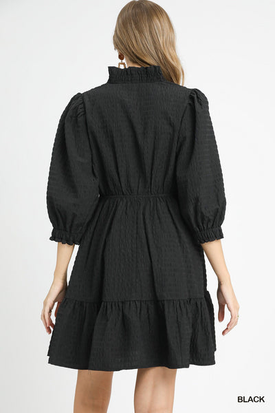 just enough ruffle trim textured babydoll dress | black