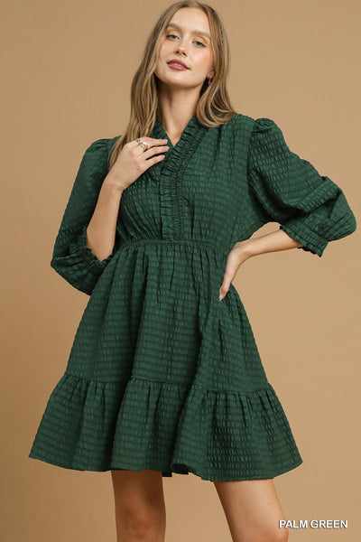 just enough ruffle trim textured babydoll dress | palm green