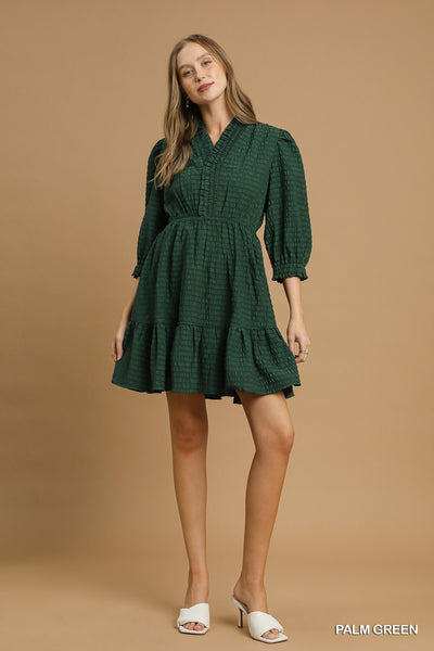 just enough ruffle trim textured babydoll dress | palm green