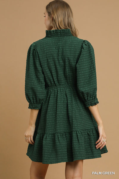 just enough ruffle trim textured babydoll dress | palm green