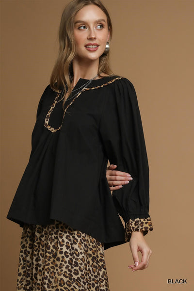wildly unexpected leopard trim long sleeve top | black