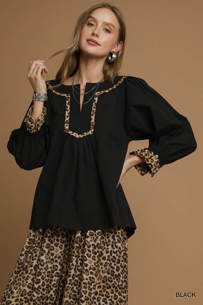wildly unexpected leopard trim long sleeve top | black