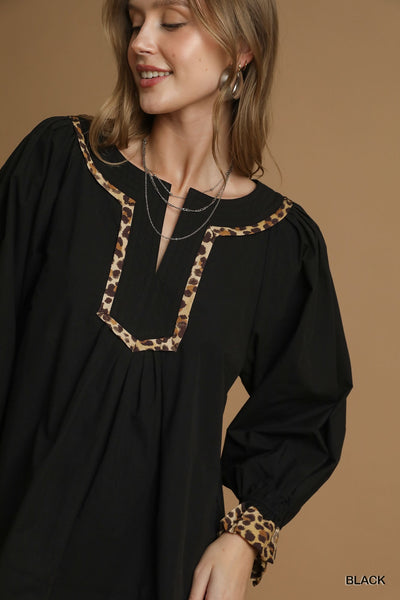 wildly unexpected leopard trim long sleeve top | black