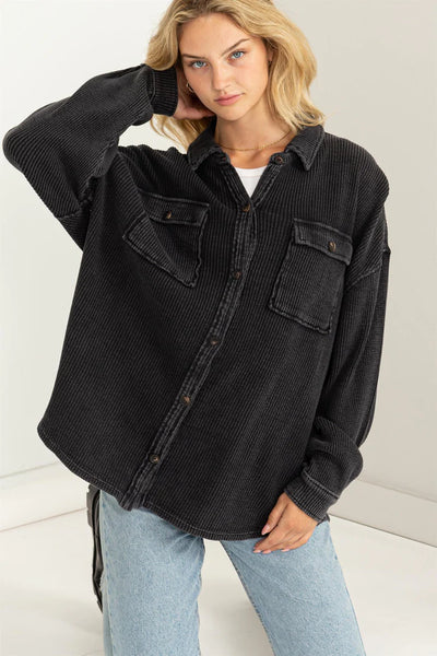 rest assured waffle knit shacket | balck