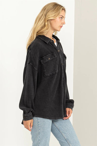 rest assured waffle knit shacket | balck