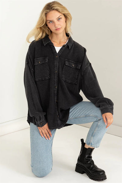 rest assured waffle knit shacket | balck