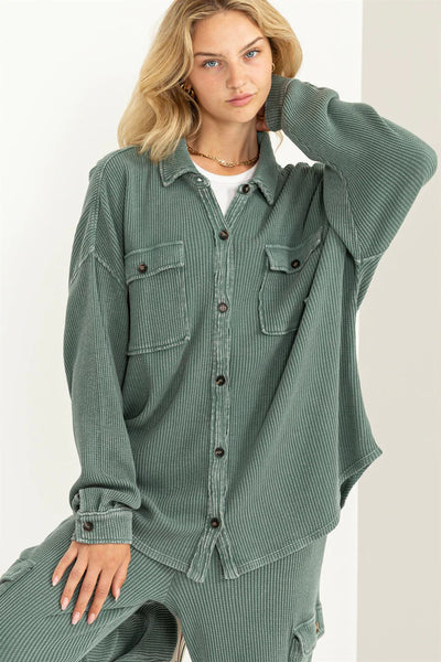 rest assured waffle knit shacket | grey green
