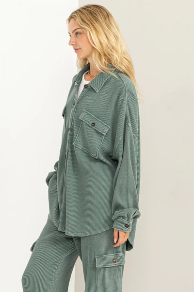rest assured waffle knit shacket | grey green