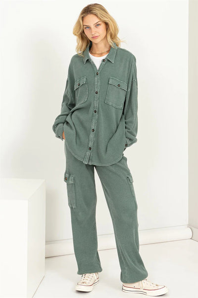 rest assured waffle knit shacket | grey green