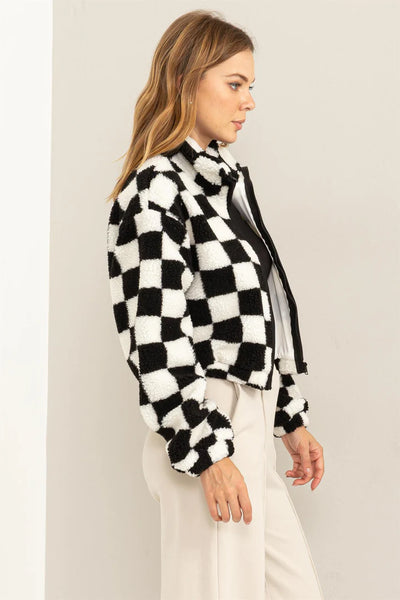 good day checkered fur jacket | black + cream
