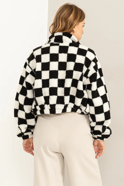 good day checkered fur jacket | black + cream