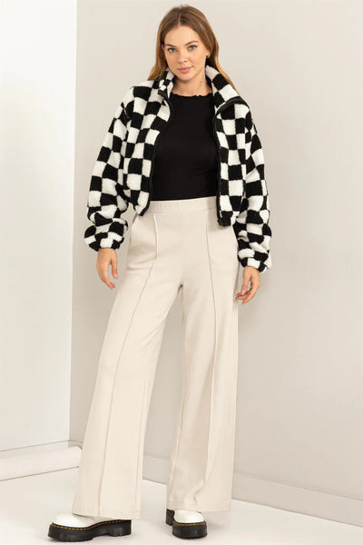 good day checkered fur jacket | black + cream