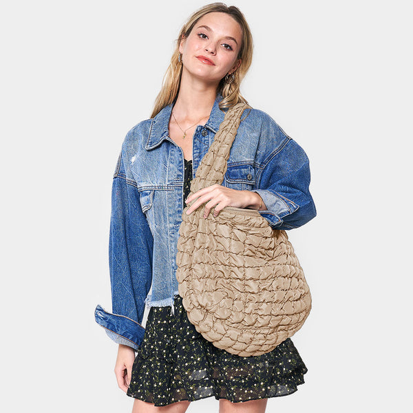 large quilted puffer tote | beige