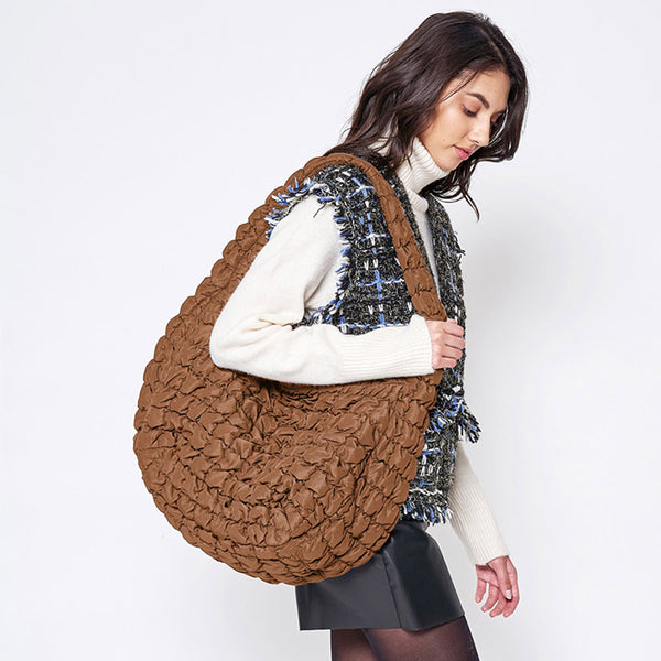large quilted puffer tote | brown
