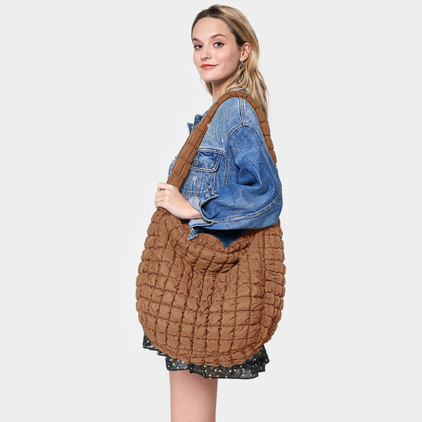 large quilted puffer tote | brown