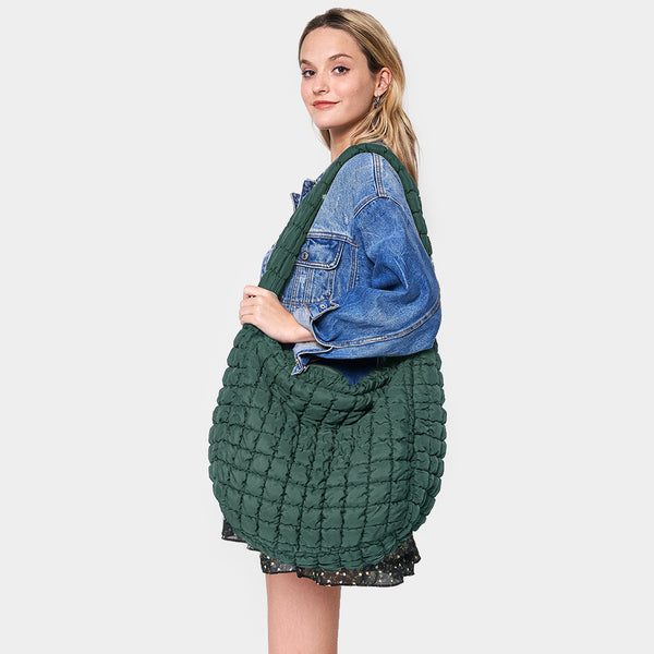 large quilted puffer tote | green
