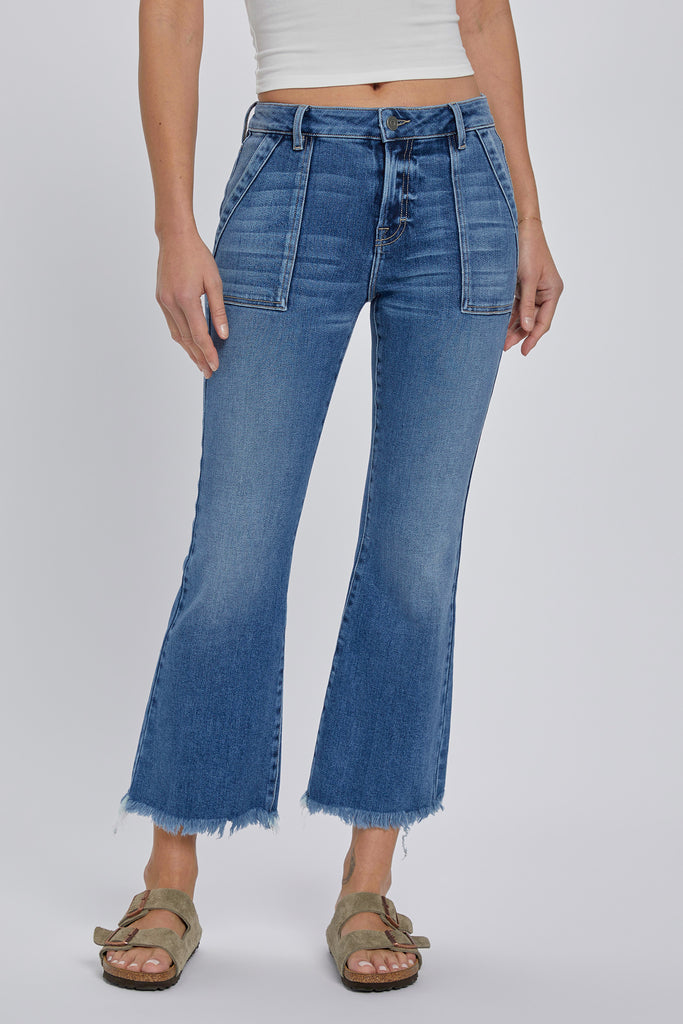 lulu frayed hem cargo crop flare jeans | medium wash