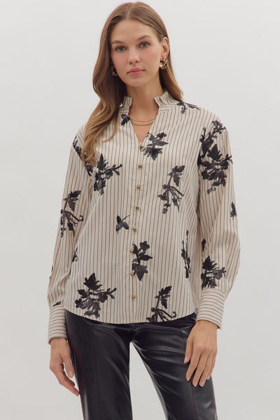in good taste striped floral appliqué top | ecru