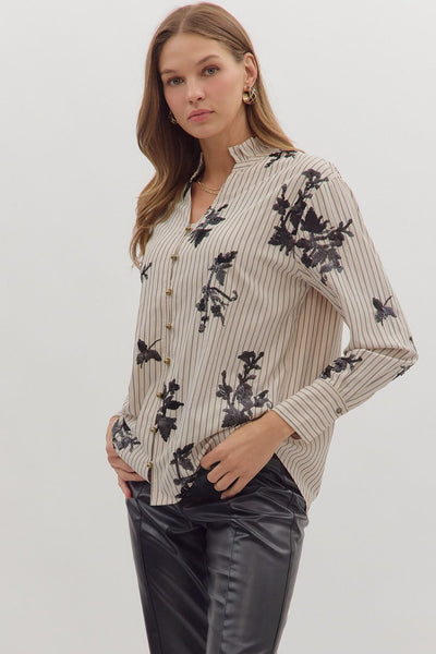 in good taste striped floral appliqué top | ecru