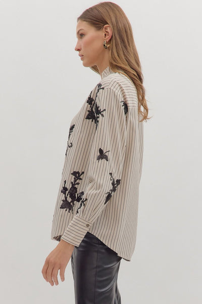 in good taste striped floral appliqué top | ecru