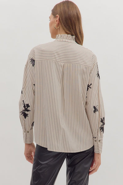 in good taste striped floral appliqué top | ecru